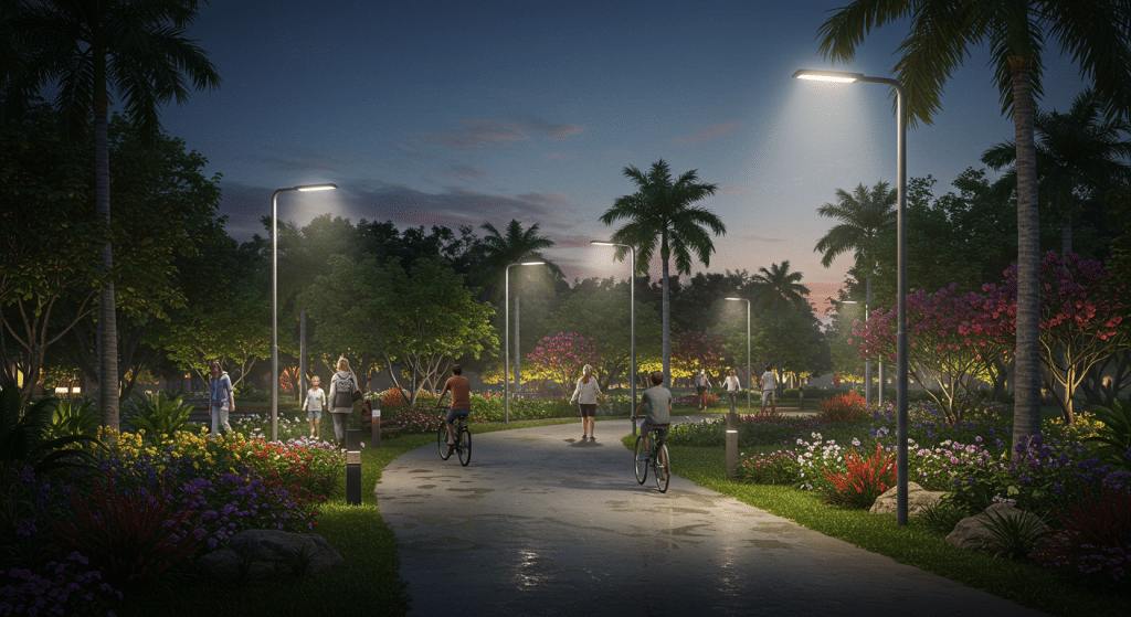Renderização de parque iluminado à noite com pessoas caminhando e andando de bicicleta entre jardins floridos.