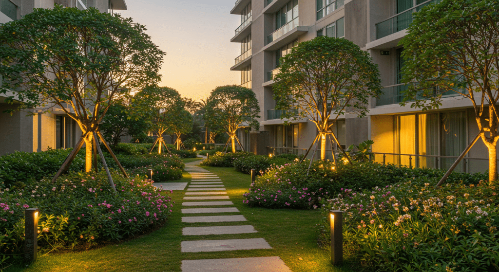 Jardim iluminado à noite em frente a um edifício residencial, com árvores e flores ao longo de um caminho de pedras, destacando a iluminação suave dos postes e o clima acolhedor do ambiente.