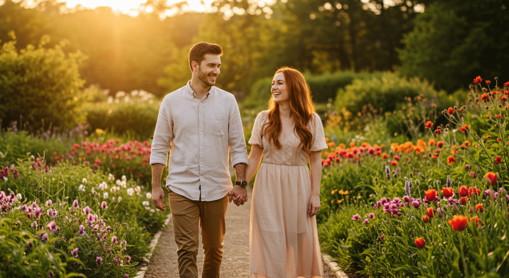 O ChatGPT disse:
Casal sorridente caminhando de mãos dadas por um caminho no meio de um jardim florido, com luz suave do final da tarde iluminando a cena.
