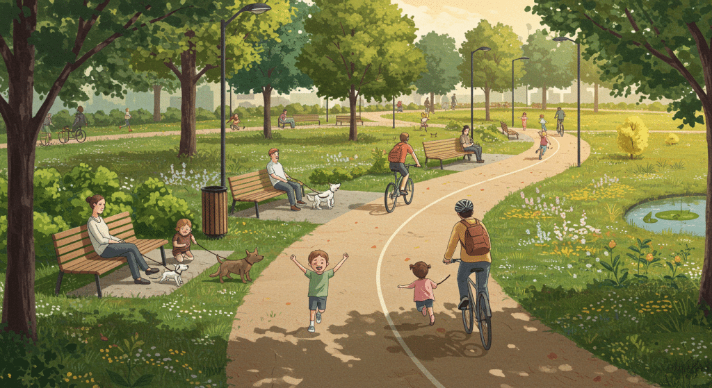 Ilustração de parque arborizado com pessoas caminhando, andando de bicicleta, correndo e passeando com cães.