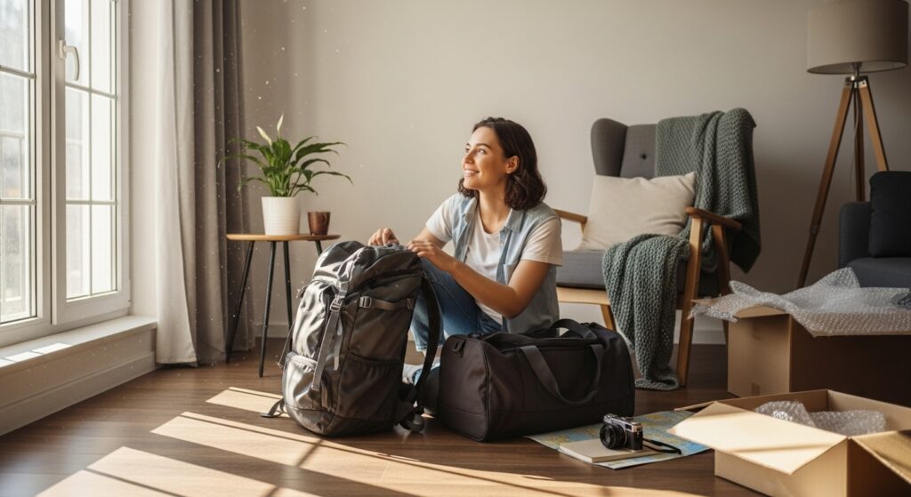 Uma pessoa está organizando suas coisas, possivelmente se preparando para uma viagem ou mudança de casa. O ambiente tranquilo e a expressão pensativa transmitem um sentimento de expectativa positiva.