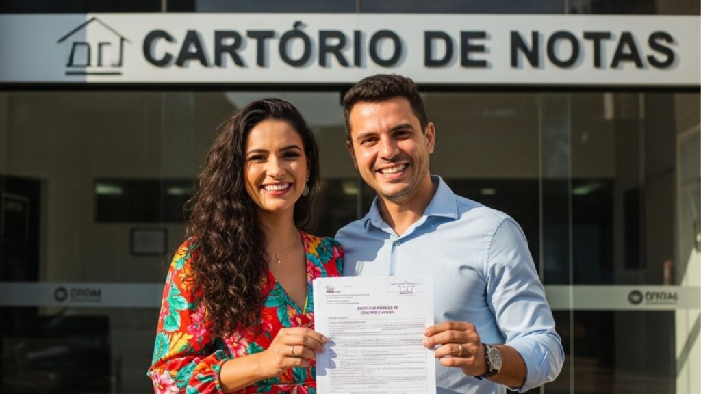 Casal sorridente segurando escritura em frente a um cartório de notas.