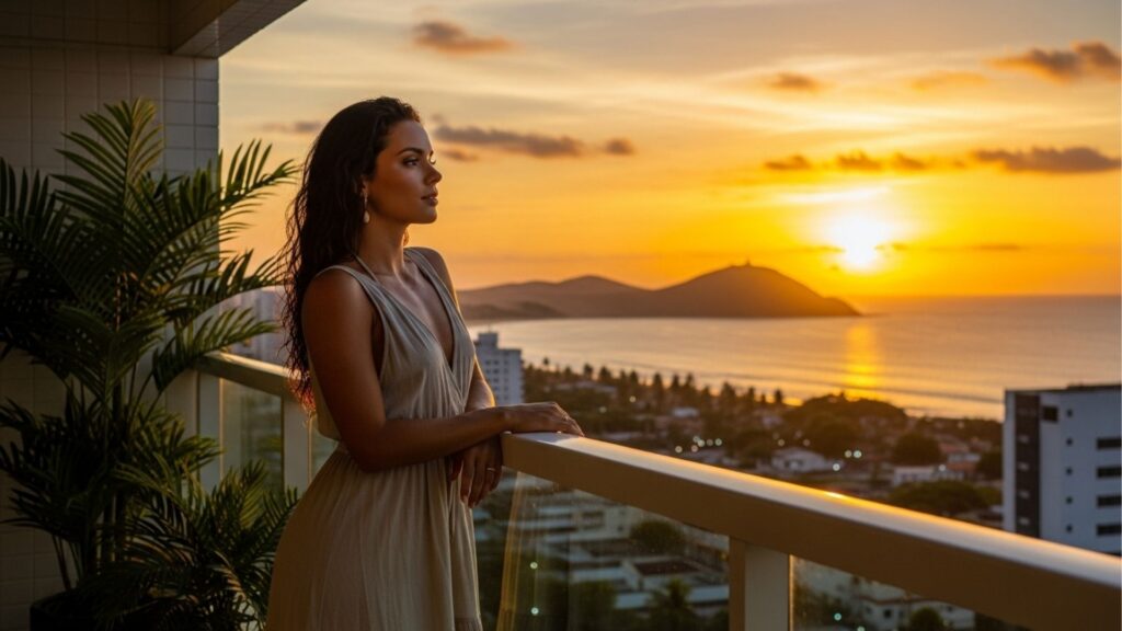 Alt text disse: Mulher em sacada observando o pôr do sol com vista para o mar, prédios e morros ao fundo.