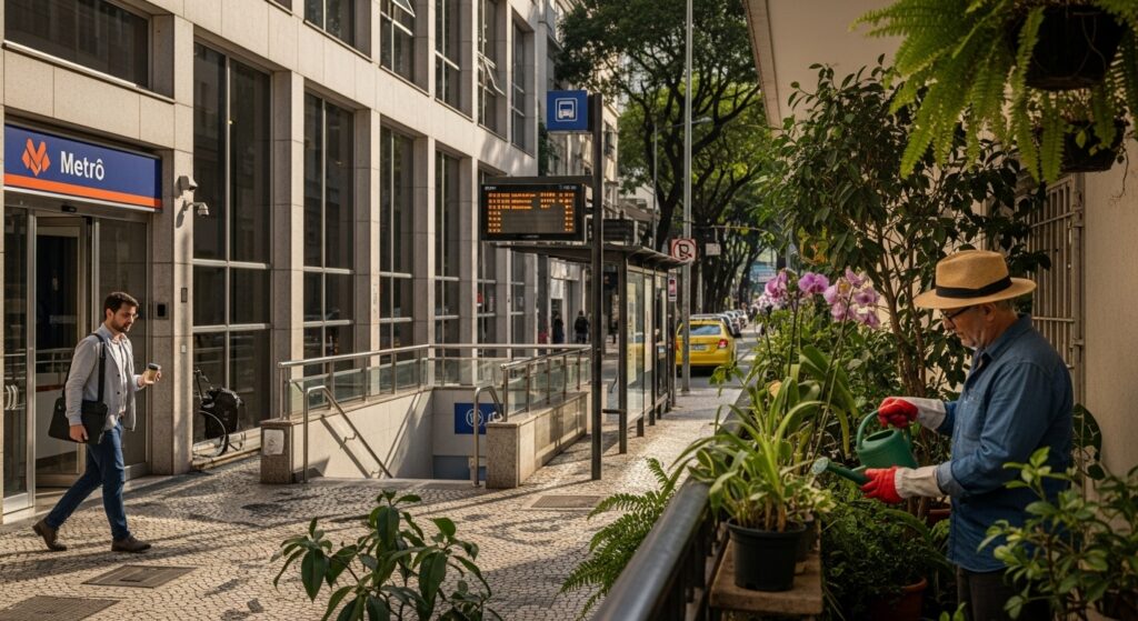 Entrada de estação de metrô com homem saindo, ponto de ônibus ao fundo e idoso regando plantas em varanda à direita.