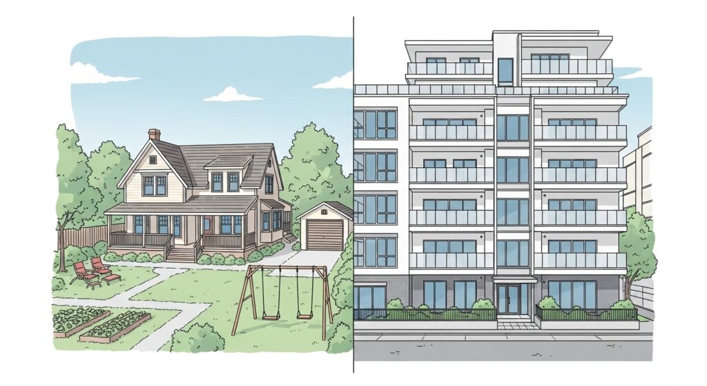 Ilustração comparativa entre casa com quintal e prédio residencial moderno, destacando estilos de moradia distintos.