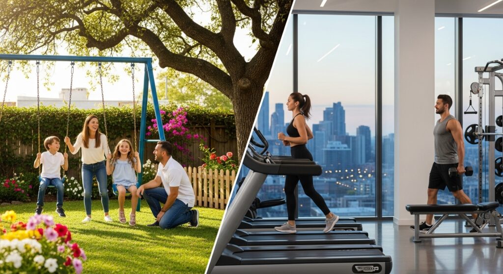 Montagem com família brincando em jardim com balanço à esquerda e pessoas se exercitando em academia moderna à direita.