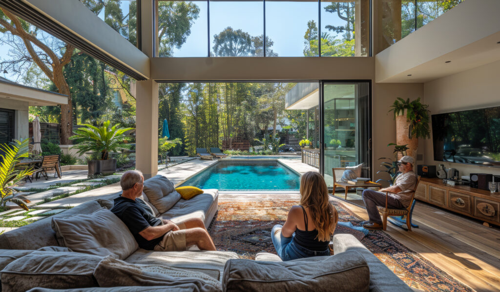 Três pessoas sentadas em sala com vista ampla para piscina externa, rodeada por árvores e plantas.