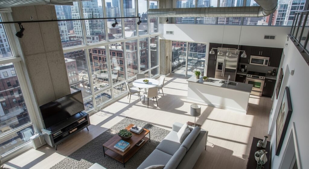 Um loft com uma vista deslumbrante da cidade, grandes janelas, e uma decoração simples e contemporânea. A luz natural entra abundantemente, tornando o espaço aberto e arejado.