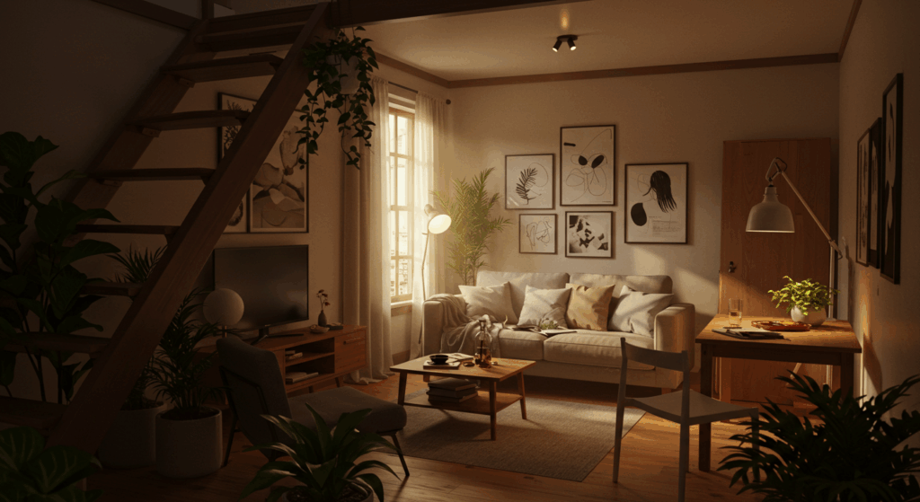 Um ambiente acolhedor com muitas plantas, um sofá confortável e uma mesa de café. A iluminação suave e o uso de móveis de madeira criam uma atmosfera relaxante e tranquila.