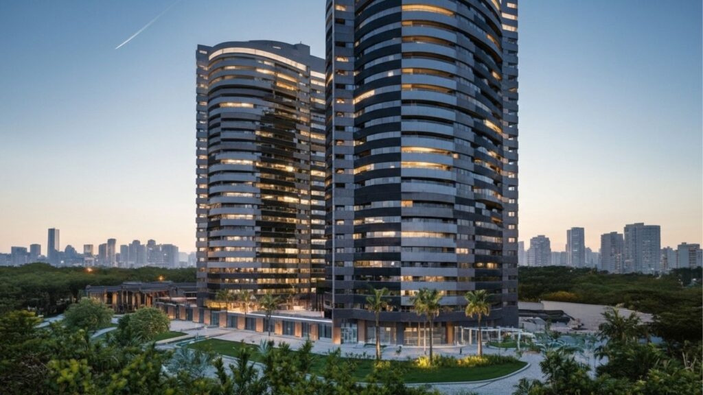 Dois edifícios residenciais modernos com fachada espelhada e skyline urbano ao fundo.
