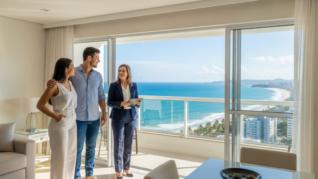 Casal visitando apartamento à beira-mar acompanhado por corretora, com ampla vista para a praia através de janelas envidraçadas.