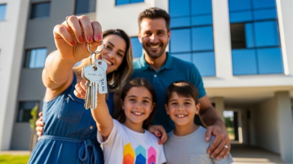Família sorridente exibindo chaves de imóvel novo em frente a edifício residencial, com destaque para a felicidade do momento.