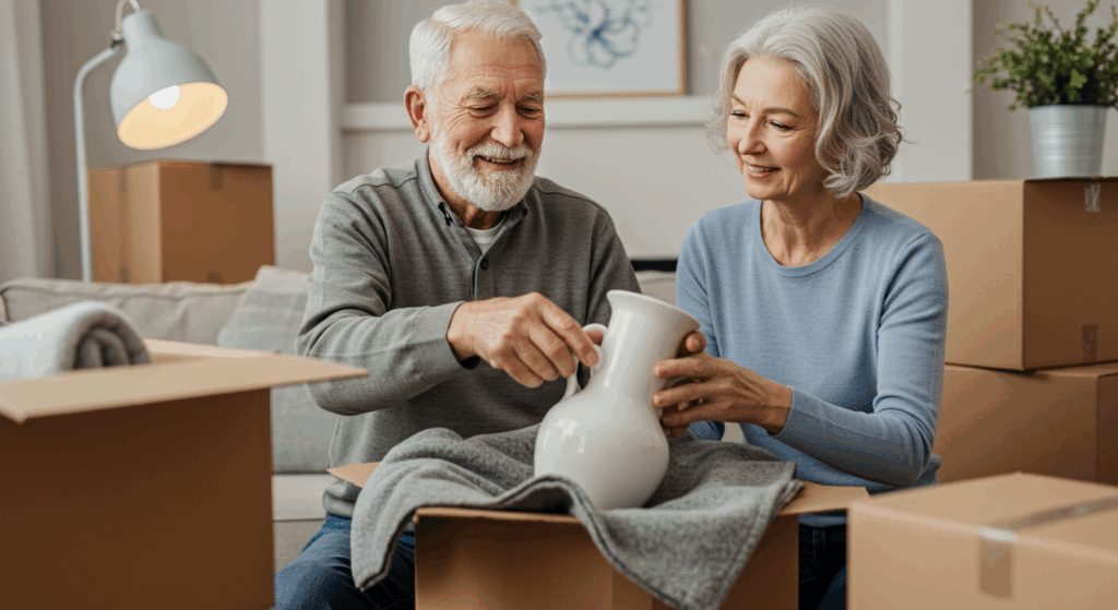 Casal de idosos está desembalando em sua nova casa. Eles estão manuseando cuidadosamente um item delicado (um jarro), o que indica que estão começando a se estabelecer em seu novo lar.