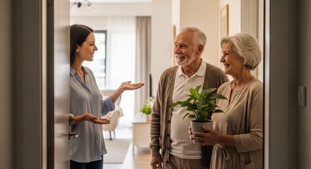 Uma mulher cumprimentando o casal de idosos na porta, possivelmente uma vizinha ou alguém ajudando na mudança. O casal está segurando uma planta, o que pode ser um gesto de boas-vindas.