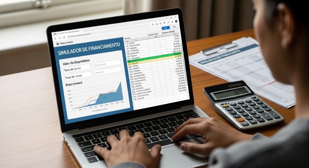 A imagem mostra uma pessoa utilizando um laptop para simular um financiamento imobiliário. Na tela, é possível ver um simulador de financiamento com gráficos, campos para inserir informações como valor do empréstimo, taxa de juros e prazo. Ao lado do laptop, há uma calculadora e uma planilha impressa com cálculos financeiros, indicando um processo detalhado de planejamento financeiro. A cena transmite a ideia de organização e análise cuidadosa antes de tomar uma decisão financeira importante.