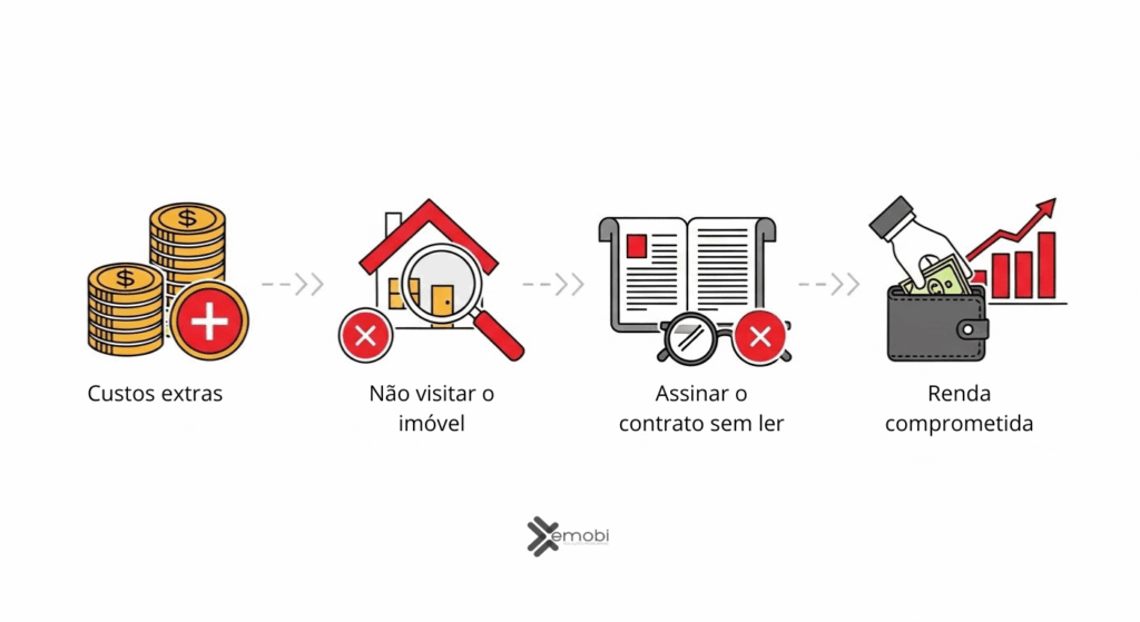 A imagem ilustra uma sequência de erros comuns ao adquirir um imóvel. Os ícones representam: Custos extras: Implicando que não calcular despesas adicionais pode levar a surpresas financeiras. Não visitar o imóvel: Sugerindo que a falta de uma visita pessoal ao local pode resultar em más escolhas. Assinar o contrato sem ler: Destacando a importância de ler atentamente os documentos antes de firmar compromissos. Renda comprometida: Avisando sobre o risco de comprometer a renda com parcelas muito altas. Esses são alertas para evitar problemas financeiros ao comprar um imóvel.