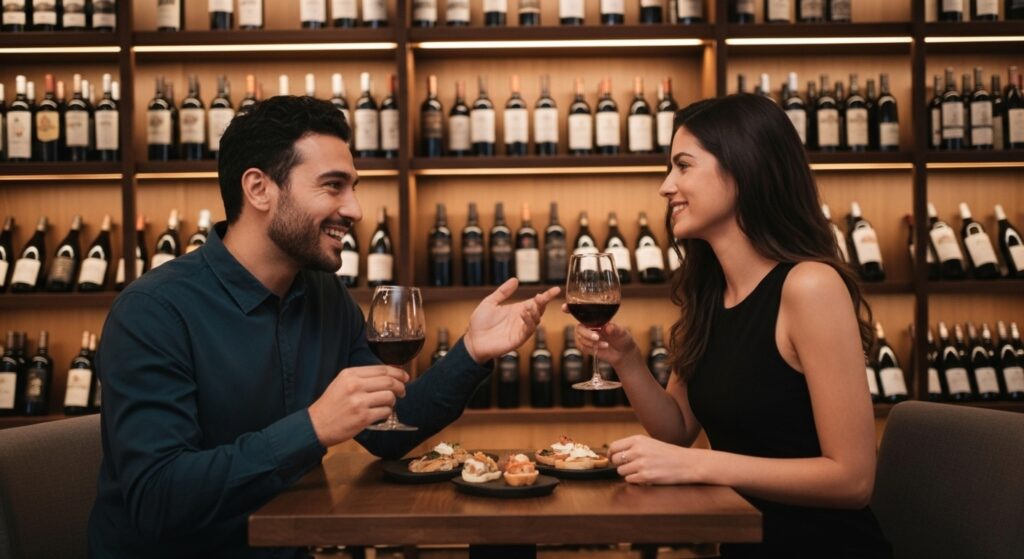 Casal brinda com vinho tinto em restaurante com prateleiras cheias de garrafas ao fundo.