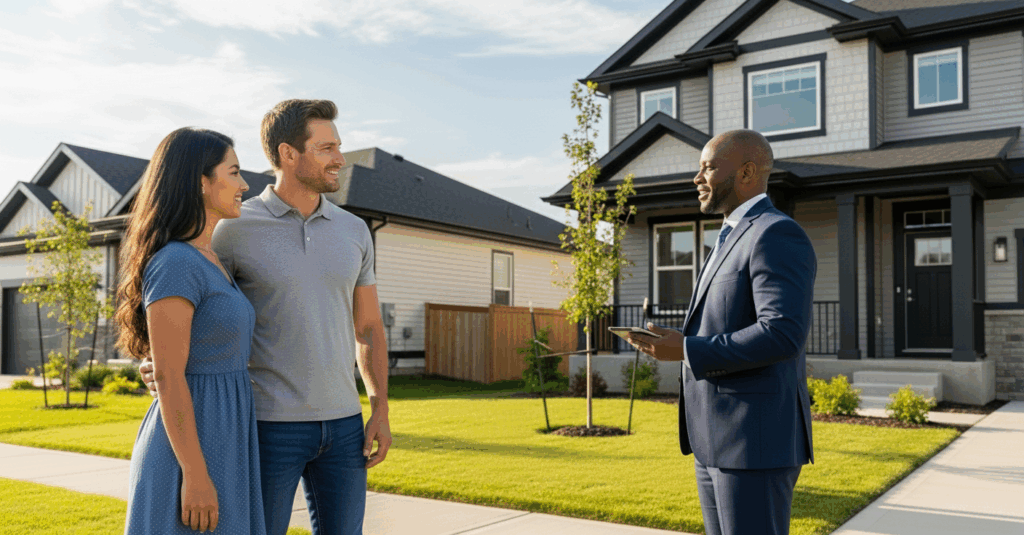 Casal sorrindo enquanto conversa com um corretor de imóveis do lado de fora de uma casa moderna. O corretor, vestindo um terno, segura um tablet enquanto explica algo aos compradores. A casa de fundo é de estilo contemporâneo com telhado escuro e fachada clara.