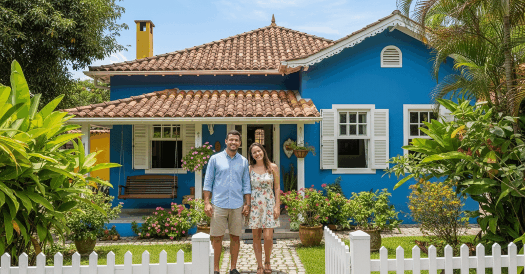Casal sorridente em frente a uma casa colorida de paredes azuis, com jardim bem cuidado e cerca branca. Ambos estão de pé, segurando as mãos e vestindo roupas casuais de verão.