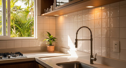 Cozinha iluminada com bancada branca, torneira moderna, azulejos brancos e planta próxima à janela.