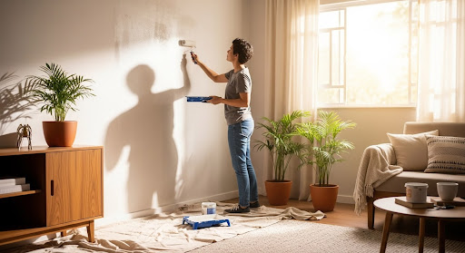 Pessoa pinta parede branca com rolo em sala iluminada, com vasos de plantas e móveis de madeira.