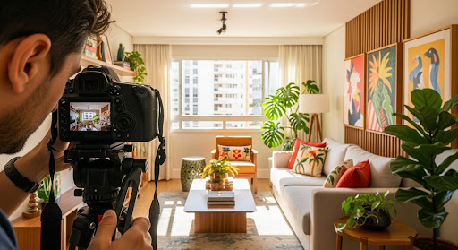 Homem fotografa sala decorada com plantas, quadros coloridos e móveis de madeira clara.