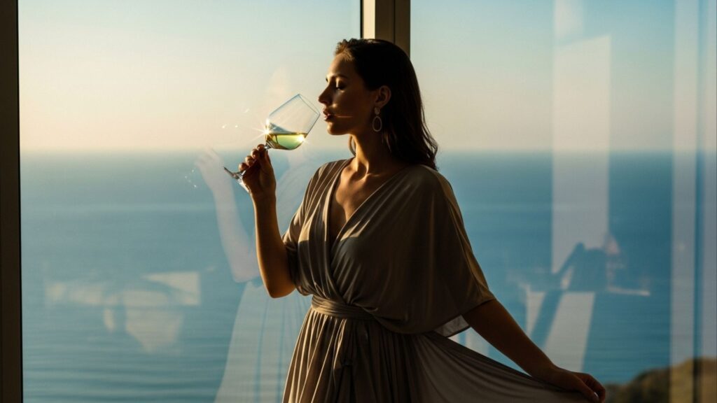 Mulher com vestido bege aprecia vinho branco diante de janela com vista para o mar ao entardecer.