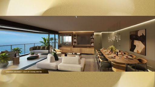 Sala integrada com varanda gourmet, estar e jantar, decorada com móveis modernos e vista para o mar.