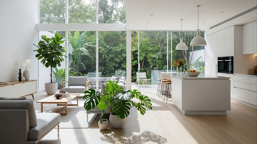 Sala e cozinha integradas com janelas amplas, móveis claros e plantas decorativas.