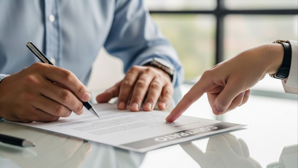 Pessoa assinando contrato enquanto outra aponta o local, com a palavra “CONTRATO” visível no documento.