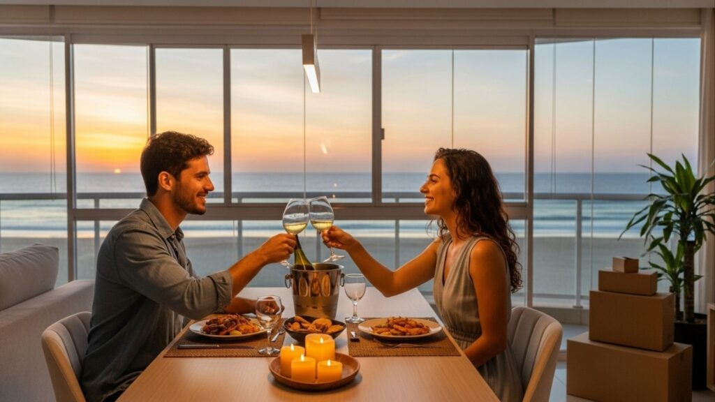 Casal brindando com taças de vinho em jantar à beira-mar ao pôr do sol, com caixas de mudança ao fundo.