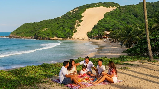 Família fazendo piquenique na praia com dunas e vegetação ao fundo.