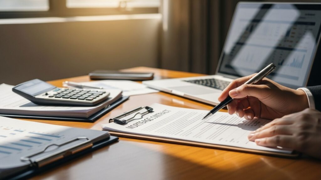 Pessoa assinando contrato de hipoteca em mesa com calculadora, gráficos e notebook ao fundo.