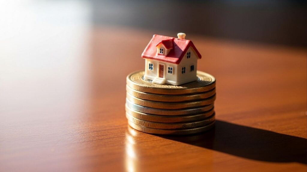 Miniatura de casa com telhado vermelho sobre pilha de moedas douradas em superfície de madeira.