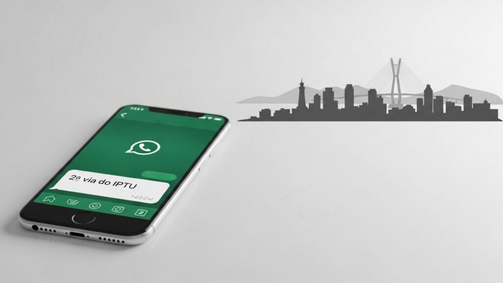 Celular com aplicativo de mensagens aberto mostrando o texto “2ª via do IPTU” em um balão, com silhueta de cidade e ponte ao fundo.