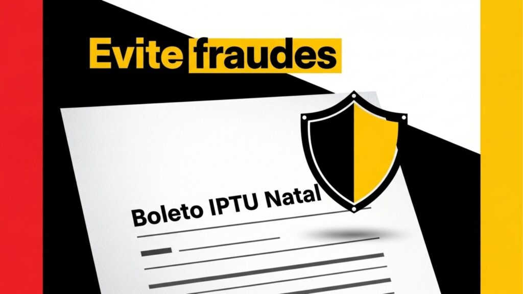 Mensagem de alerta com o texto “Evite fraudes” e imagem de um boleto com o título “Boleto IPTU Natal”, ao lado de um escudo preto e amarelo representando segurança.
