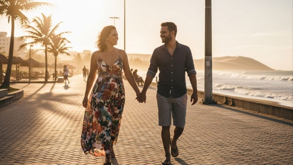 Casal caminha de mãos dadas na orla ao entardecer, com o Morro do Careca ao fundo.