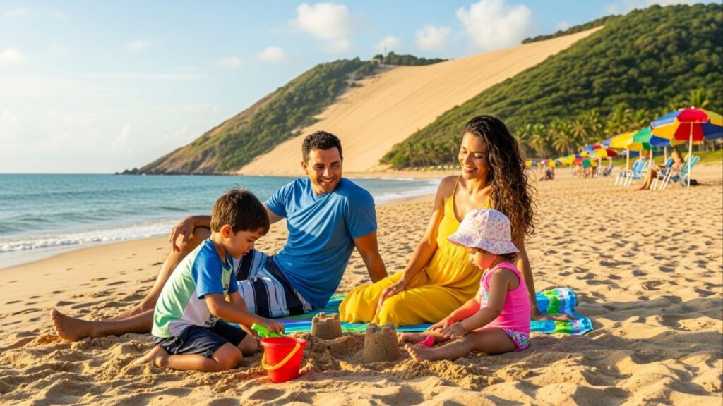 Família brinca na areia em frente à duna do Morro do Careca na Praia de Ponta Negra, Natal.