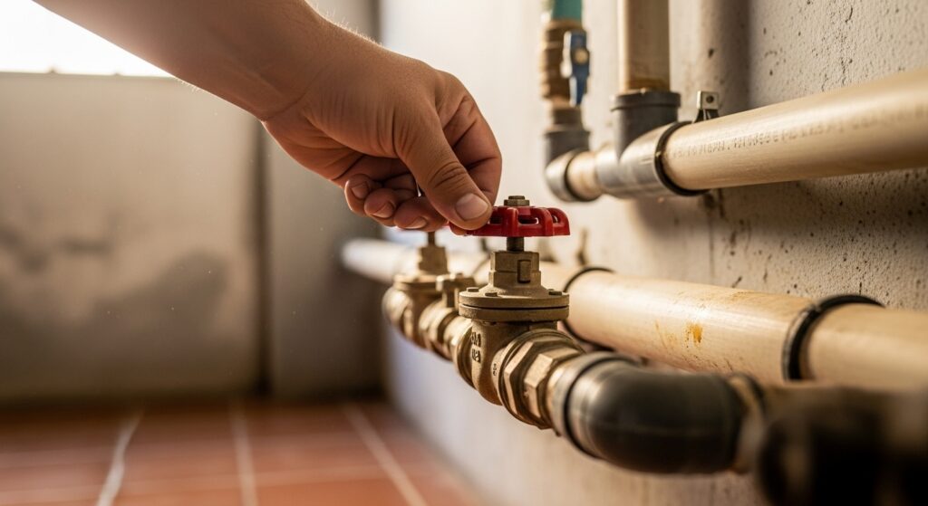 Mão fechando a válvula de um cano de água em um ambiente interno. Os tubos são visíveis, com um fundo de paredes cinzas e um piso de cerâmica de tom vermelho, sugerindo um local de manutenção ou reparo hidráulico.