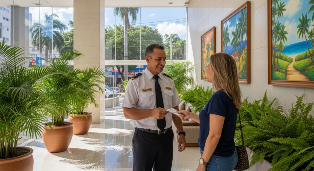 Homem de uniforme sorrindo e entregando um cartão a mulher em um ambiente de hotel moderno. O hall é bem iluminado, com plantas ornamentais, e quadros de paisagens tropicais decorando as paredes. Ao fundo, é possível ver uma rua movimentada e prédios.