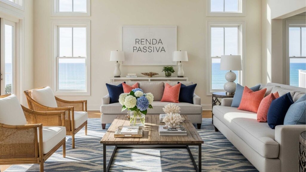 Um sofisticado ambiente de sala de estar com vista para o oceano, evidenciando a valorização dos imóveis frente ao mar. A decoração minimalista e as janelas amplas, que oferecem uma vista deslumbrante, são indicativos de imóveis de alto padrão, comuns em investimentos imobiliários voltados para o luxo e conforto. O conceito de "renda passiva", indicado na parede, também reforça a ideia de como imóveis bem localizados podem gerar retorno financeiro constante.