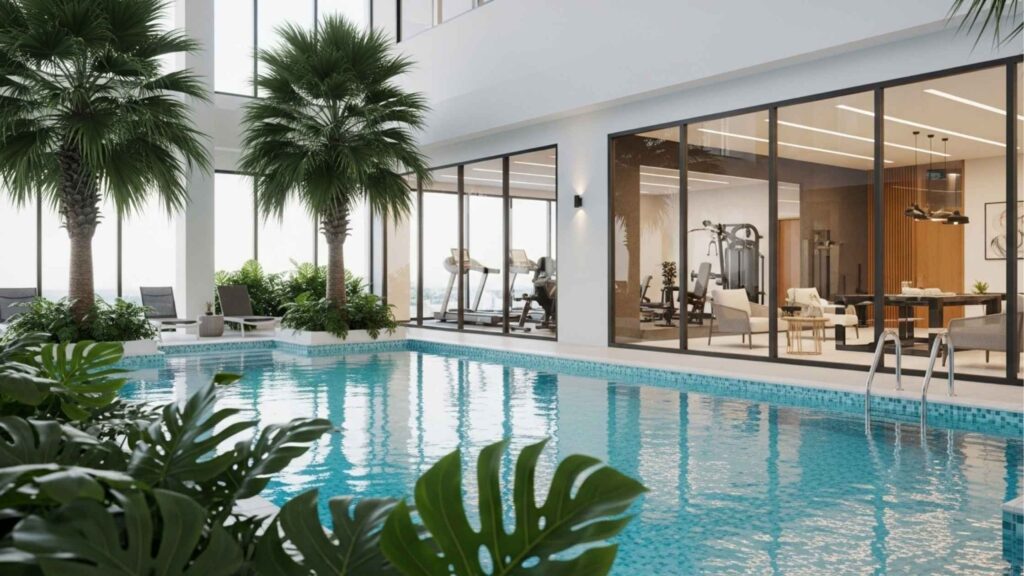 Imagem de um elegante espaço interno com piscina e vegetação exuberante, mostrando a área comum de um condomínio de alto padrão. Ao fundo, é possível ver uma academia e outros ambientes de lazer, que são grandes atrativos em empreendimentos imobiliários. A combinação de áreas de lazer, modernidade e localização privilegiada são características essenciais para um investimento imobiliário de sucesso.