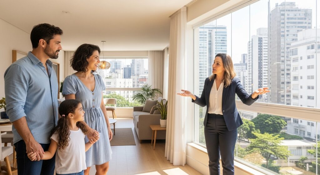 Família com uma filha pequena visita um apartamento com janelas amplas e vista para prédios altos, enquanto corretora apresenta o imóvel com gestos explicativos.