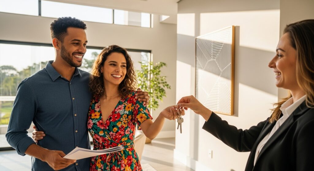 Casal sorridente recebe chave de imóvel de uma corretora dentro de uma casa moderna e bem iluminada, simbolizando a conquista de um novo lar.