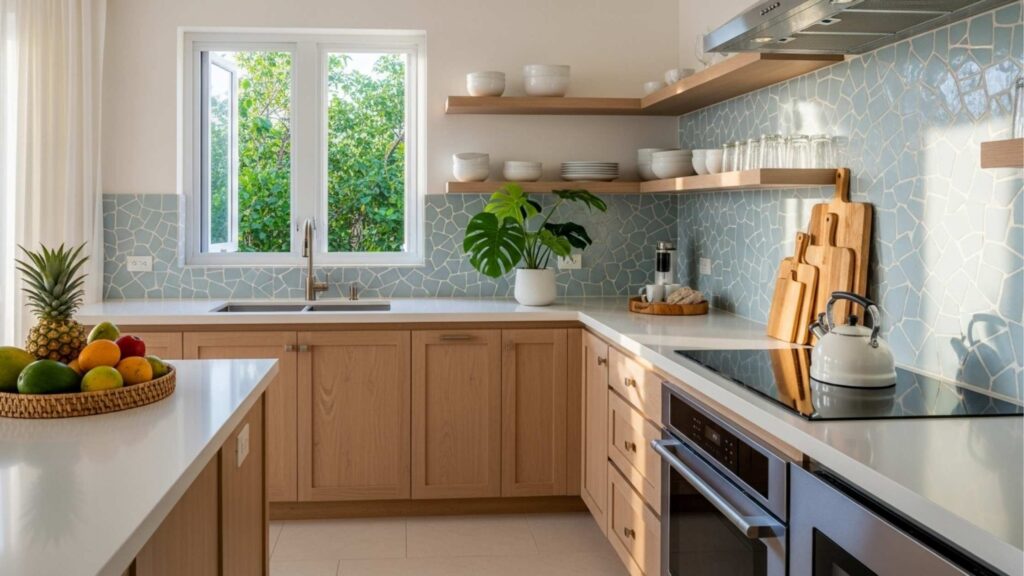 Cozinha moderna e bem iluminada com armários de madeira clara, bancada branca e backsplash azul com padrão geométrico. Frutas tropicais em uma fruteira, utensílios organizados e plantas decorativas completam o ambiente.