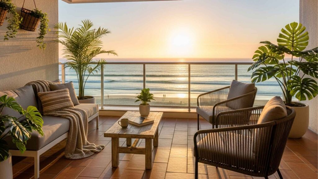 Varanda mobiliada com sofá, poltronas e mesa de centro de madeira, cercada por plantas em vasos. Ao fundo, vista para o mar e o pôr do sol, com reflexos dourados sobre as ondas e pessoas caminhando na areia.