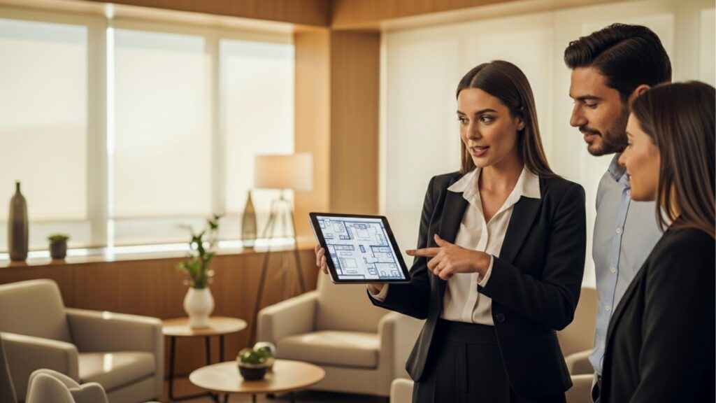 Uma mulher vestindo um terno preto, apontando para o plano de um imóvel exibido em um tablet, enquanto dois clientes a observam atentamente. O ambiente é um escritório moderno e sofisticado, com janelas amplas e móveis elegantes, sugerindo uma reunião de negócios.