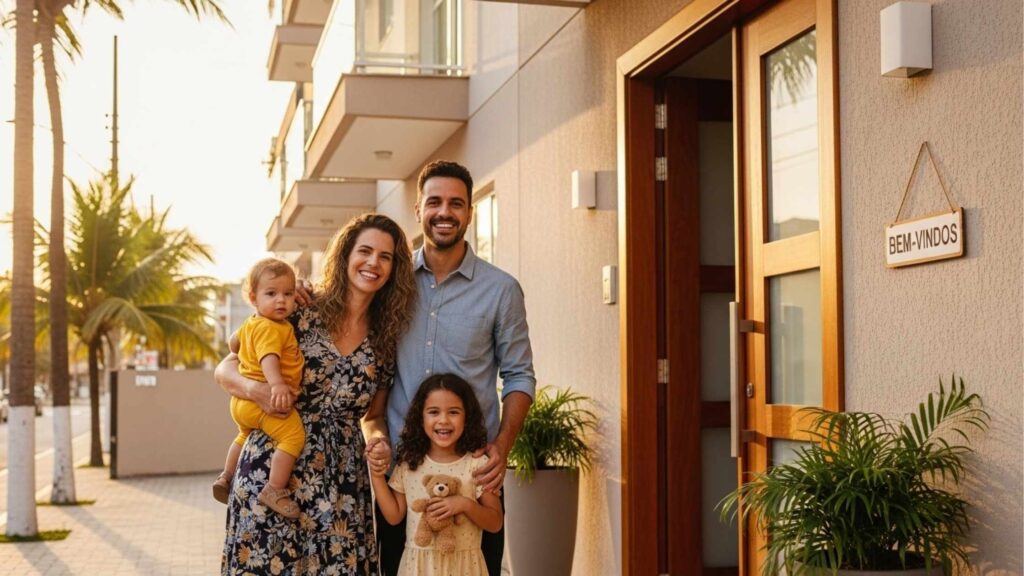 Uma família sorridente de quatro pessoas posando na frente de uma casa moderna ao entardecer. O homem segura uma criança pequena nos braços, e a filha mais velha, com um ursinho de pelúcia, está ao lado da mãe. A placa "BEM-VINDOS" está pendurada na porta da casa.