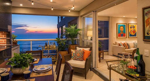 Varanda decorada para confraternização de Réveillon com mesa posta, área gourmet com churrasqueira e vista para o pôr do sol sobre o mar, integrando-se a uma sala de estar aconchegante e iluminada.