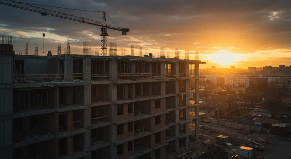 Imagem de um prédio em construção, com foco nas estruturas de alvenaria e a presença de uma grua, ao fundo, no momento do pôr do sol.